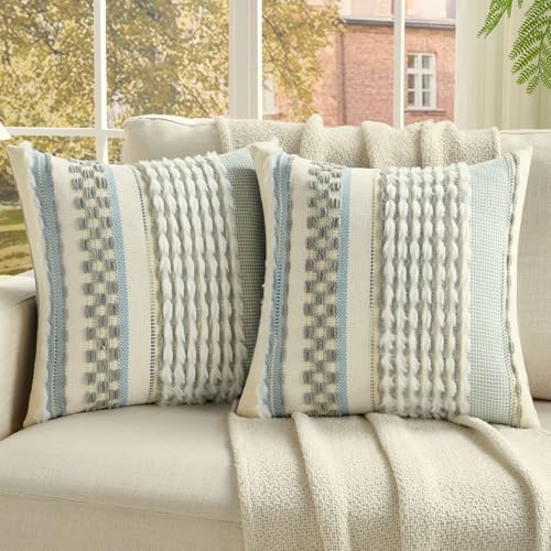 FUTEI Pack of 2 Boho Chenille Decorative Throw Pillow Covers 20x20 Inch Soft Plush Tufted Striped Textured Cushion Case,Farmhouse Accent for Couch Bed Living Room, Grey - color: Grey, size: 20" x 20" (Pack of 2)