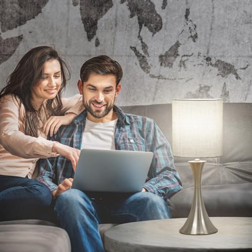 3 Way Touch Control Table Lamp, Dimmable Bedside Desk Lamp with Metal Base Modern Nightstand Lamp Stylish Grey Shade Simple Side Table Lamp for Bedroom, Living Room, Office or Den LED Bulb Included - color: Silver Base with Gray Shade