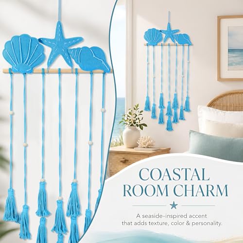Ocean Blue Hanging Photo Display Macrame Wall Decor Starfish Seashell Photo Wall Display with 30 Wooden Clips Seaside Picture Holder for Teenage Girl Gift Beach Nautical Coastal Room Decor - color: Blue, style: Ocean