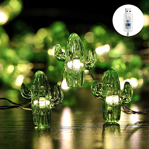 Starryfill Tropical Themed Small Cactus USB-Plugin String Lights 0.8"(H) 40 LED with Remote Control and Timer On 13.85ft Copper Wire Warm White Waterproof Warm White for Decorations - color: Cactus USB