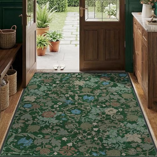 Deerly Forest Green Washable Floral Area Rug 4x6 for Living Room, Vintage Farmhouse Botanical Rug, Non Slip Low Pile Thin Floor Decorative Soft Accent Rug for Bedroom Playroom Home Office - color: Green, size: 4'x6'