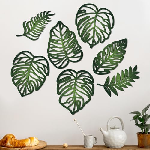 Namalu 7 Pcs Tropical Wall Decor Jungle Monstera Wall Art Boho Palm Leaf Wooden Decoration Tropical Nursery Decor Vintage Natural Monstera Leaf Plaque for Farmhouse Kitchen Bedroom Garden(Green) - color: Green