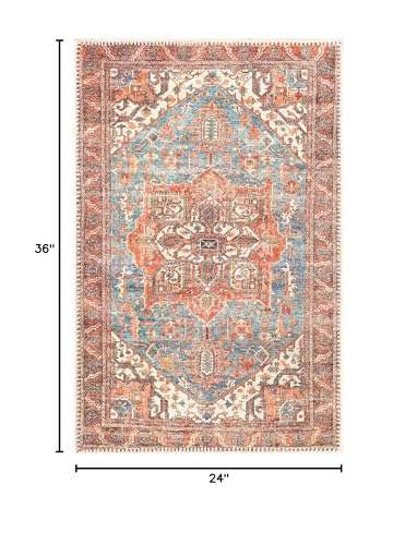 Keen Home Design 2x3 Rug - Machine Washable Entry Rug with Non-Slip Backing, Ideal for Enteryway, Kitchen, Bathroom, Laundry Room - Vintage, Easy Clean, Durable, Low Pile Rug - (2' x 3') - color: Blue / Orange, size: 2' x 3' (Rectangular)