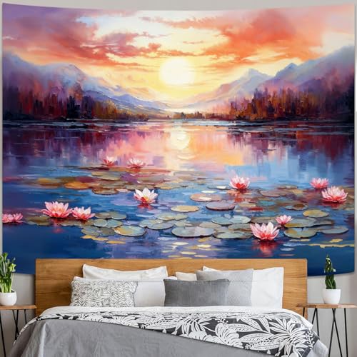 kampdream Landscape Tapestry, Scenery Art Wall Tapestries, Nature Wall Decor for Bedroom Living Room Backdrop Sunset Pond Lotus 36×48 inches - color: Sunset Pond, size: 48"L x 36"W