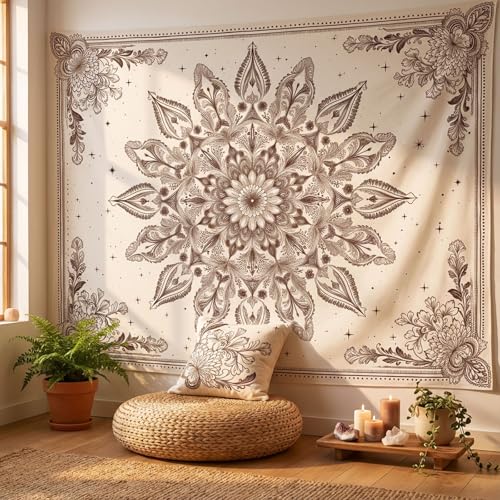 Motanber Floral Mandala Tapestry Wall Hanging Boho Beige Tapestry Aesthetic Bohemian Flower Cute Large Tapestries for Bedroom Living Room Dorm Wall Decor 80 x 60 Inch - color: Beige White, size: 80"L x 60"W