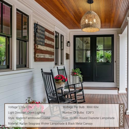 Rattan Pendant Light 13.39" Boho Coastal Hanging Wicker Hand-Woven Seagrass Chandelier for Kitchen Islands Farmhouse 3-Light - size: 3-Light 13.39 inch