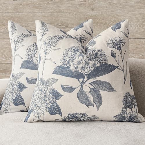 Foindtower Set of 2 Linen Floral Vintage Throw Pillow Covers Neutral Accent Print Decorative Cushion Covers Farmhouse Boho Home Decor for Sofa Chair Couch Bedroom Living Room,20×20 Inch,Blue - color: Aegean Blue, size: 20" x 20" (Pack of 2)