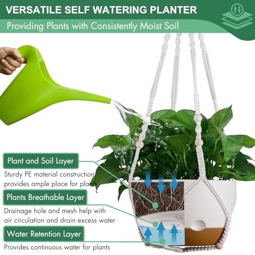 Set of 2-10 Inch Hanging Planters for Indoor Plants with Self-Watering Includes Hanging Pots for Plants, Outdoor Hanging Plant Pot with Drainage, and 2 Types of Hanging Baskets Hangers (White, 10inch) - color: White, size: 10inch