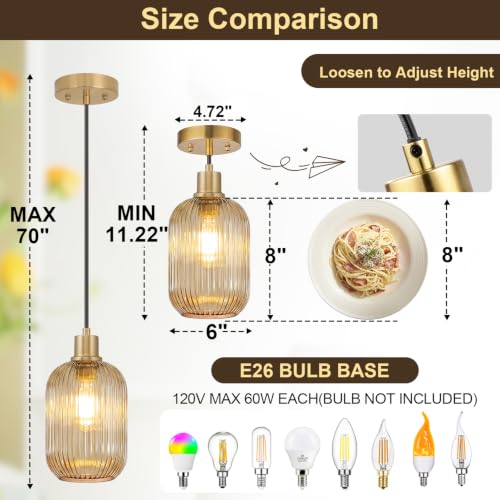 2 Pack Amber Cylinder Pendant Lights Kitchen Island with Ribbed Lampshade, Brushed Gold Hanging Light Fixture, Adjustable Pendant Lighting for Kitchen Island Sink Dining Room (Bulbs Not Included) - color: 2 Pack Brushed Gold + Amber Glass