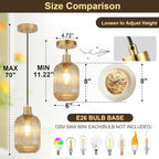 2 Pack Amber Cylinder Pendant Lights Kitchen Island with Ribbed Lampshade, Brushed Gold Hanging Light Fixture, Adjustable Pendant Lighting for Kitchen Island Sink Dining Room (Bulbs Not Included) - color: 2 Pack Brushed Gold + Amber Glass