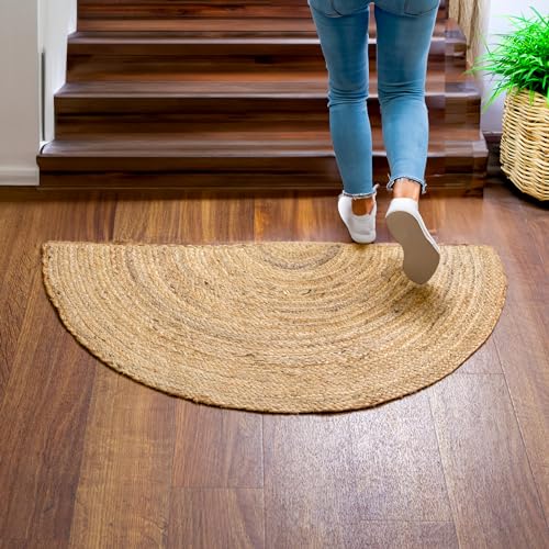 Super Area Rugs Jute Rug - Reversible Natural Fiber Hearth Carpet- Eco Friendly Floor Covering for Kitchen - Doorway Hand Woven, Natural, Half Circle 16" x 33" - color: Natural, size: 1'4" x 2'9" (Semicircular)