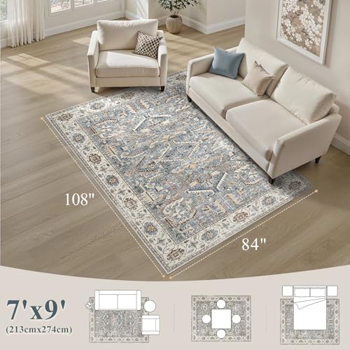 7x9 Area Rugs for Living Room - Washable Soft Large Vintage Rug Non-Slip Stain Resistant Traditional Stain Resistant Indoor Floor Low Pile Carpet for Bedroom Dining Room or Home Office - Blue - color: Blue, size: 7' x 9' (Rectangular)