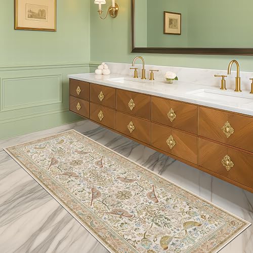 Hazo Haus Boho Long Bathroom Runner Rug 2x6 - Floral & Bird Runner Rug for Kitchen Floor, Hallway, Laundry Room, Bedroom, Entrance, Beige Neutral Vintage Decor, Washable Non Slip Low Pile - color: Beige, size: 2' x 6' (Runner)