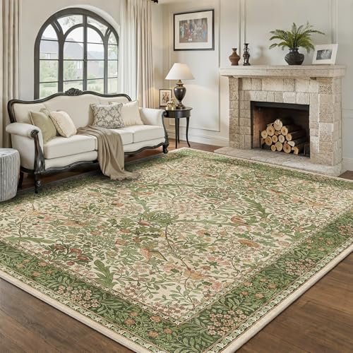 5x7 Floral Washable Area Rug for Living Room, Vintage Boho Rugs for Bedroom Dining Room, Botanical Birds Non Slip Low Pile Forest Throw Carpet for Farmhouse Office, Retro Pink/Green - color: Pink Green (Larger Pattern), size: 5' x 7' (Rectangular)