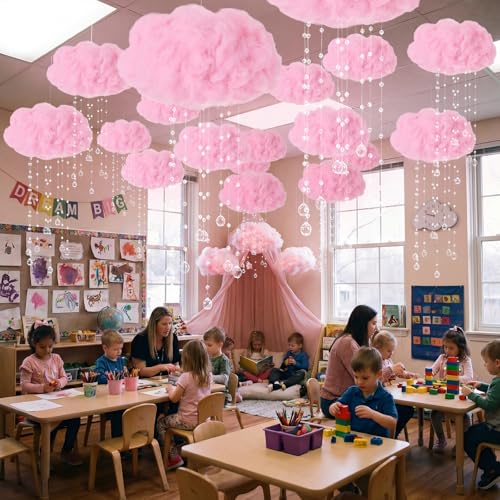Marsui Artificial Cloud Props LED Hanging Pink Light String Fake Imitation 3D Cotton Cloud Classroom School Decor Raindrop for Room Ceiling Baby Shower Party Wedding Nursery Wall DIY Decor(2 Pcs) - color: Pink
