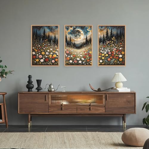 HPINUB Wildflower Moon Forest Framed Canvas Wall Art Set,Nature Pine Tree Wall Decor,Mystical Starry Night Artwork Rustic Mountain Landscape Art Print for Living Room,Bedroom,Office-16 x24 x3 - color: Wildflower Moon Wall Art, size: 16"L x 24"W