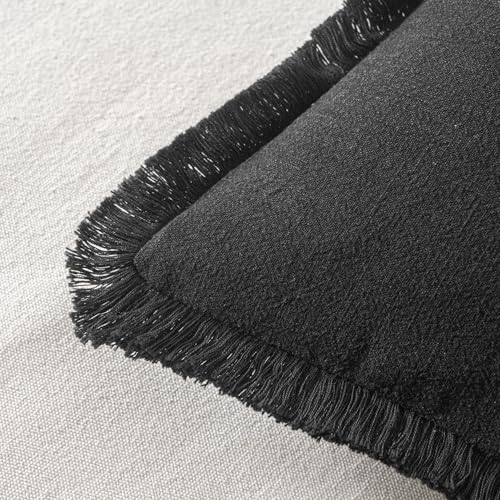 MIULEE Decorative Throw Pillow Covers Neutral Linen Fringe Throw Pillows Set of 2 Black Boho Farmhouse Cushion Covers with Tassels for Couch Sofa Bed Living Room Spring Home Decor 18x18 Inch - color: Black, size: 18" x 18" (Pack of 2)