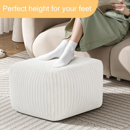 MeMoreCool Square Stuffed Pouf Ottoman Foot Rest, Stripe Furry Floor Pouf Foot Stool with Foam Chunk Filling, Soft Fluffy Stuffed Ottoman Footrest for Living Room, Faux Fur Beige - color: Ribbed Beige