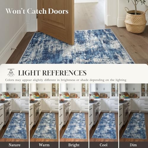 Lansny Abstract Small Area Rug 2x3 Entryway Rugs Washable Indoor Door Mat Entrance, Non Slip Kitchen Rugs, Rubber Backed Throw Rug Printed Faux Wool Floor Carpet for Front Door Foyer Entry Sink, Blue - color: Navy Blue / Slate Blue / Ivory, size: 2' x 3'