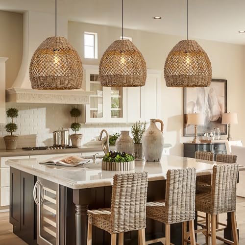 Boho Rattan Pendant Lights 13.8IN Farmhouse Dining Room Light Fixtures Hand-Woven Seagrass Chandelier Coastal Wicker Hanging Lighting for Kitchen Island Entry Living Room Bedroom Foyer Restaurant - color: Coffee-C