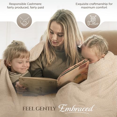Cashmere Blanket – Hand Woven 100% Pure Wool Throw Blanket, 135 x 270 cm – Herringbone Pattern Cozy, and Soft Blanket for Bed, Sofa, or Couch - Made in Nepal - color: Gold Beige
