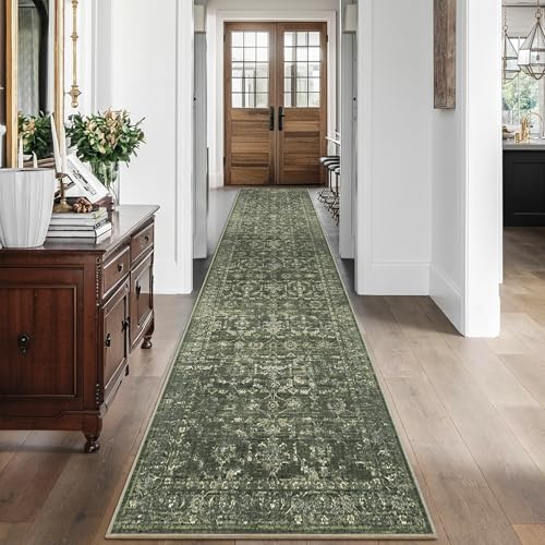 3x12 Green Runner Rug Hallway Washable Area Rugs Kitchen Vintage Boho Non Slip Long Rug Floral Carpet Indoor Retro Soft Low Pile Throw Rug for Bedroom Bathroom Laundry Dining Living Room Office - color: Dark Green, size: 3' x 12' (Runner)
