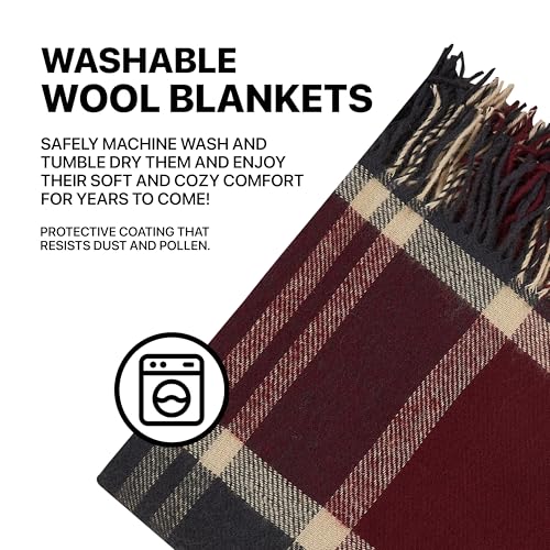 Cozy Wool Blanket, 100% New Zealand Wool, Tartan Design, Red & Blue, 67 x 79 in, Queen Size - color: Red and Blue