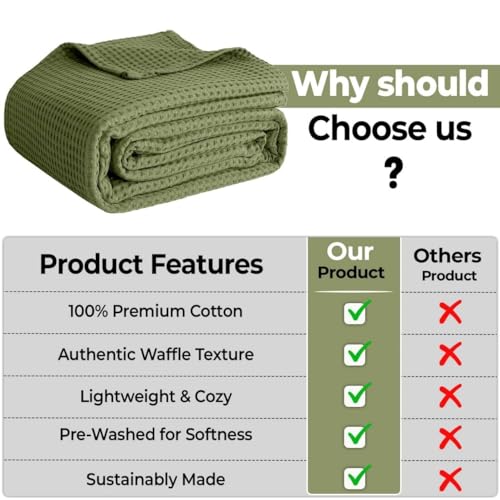 100% Cotton Blankets for Bed - Waffle Weave Blankets for Summer, Lightweight and Breathable Soft Woven Blanket for Spring (Olive Green, King (90" x 108")) - color: Olive Green, size: King (90" x 108")