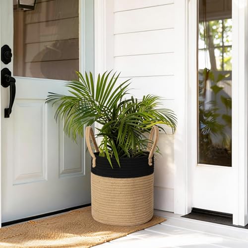 Woven Basket for Plant, 11"x11" Planter Basket for 10" Pot, Indoor Boho Artificial Tree Planter, Small Round Flower Pot Cover, Rattan Holder with Handle for Plants, Jute Spliced Cotton Rope - color: Black and Beige