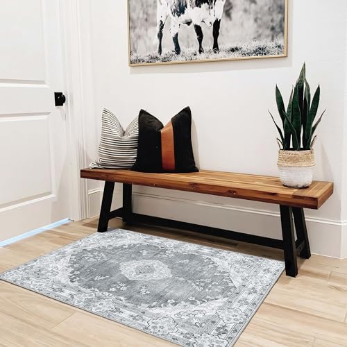 MUJOO Grey Rug 2'x3',Small Washable Area Rugs for Entryway Kitchen Bathroom Bedroom,Boho Vintage Bohemian Distressed Farmhouse Non Slip Carpet, Floral - color: Grey, size: 2' x 3' (Rectangular)