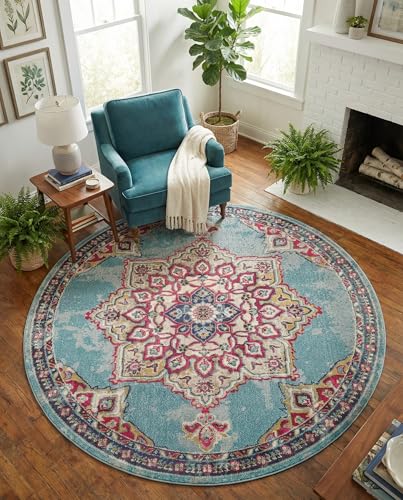 Rugs.com Fleur Collection Rug – 8' Round Light Blue Medium-Pile Rug Perfect for Kitchens, Dining Rooms - color: Light Blue 11, size: 8' (Round)