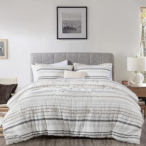 Chezmoi Collection 4-Piece Clip Jacquard Cotton Comforter Set Queen, Boho Chic Tufted Pompom Striped Bedding with Linen Blended Textured Pillow Cushion, Gray/White - color: Maru Gray White, size: Queen