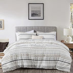 Chezmoi Collection 4-Piece Clip Jacquard Cotton Comforter Set King, Boho Chic Tufted Pompom Striped Bedding with Linen Blended Textured Pillow Cushion, Gray/White - color: Maru Gray White, size: King