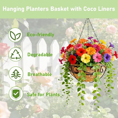 Hanging Planters for Outdoor Plants,2 Pack 12 inch Wire Hanging Baskets with Coco Coir Liner,Hanging Flower Basket for Indoor,Outdoor Garden Decoration