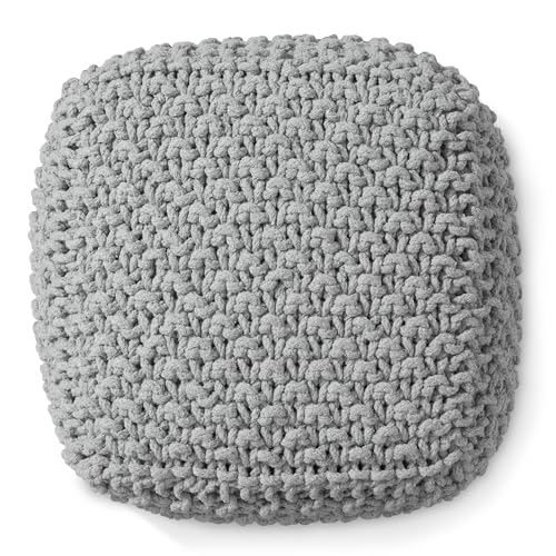 Casafield Square Pouf Ottoman, Light Gray 18.5" W x 18.5" D x 14.5" H Cotton Knit Foot Stool - Boho Floor Pouffe for Living Room, Bedroom, Home Office - color: Light Gray, size: 18.5"D x 18.5"W x 14.5"H