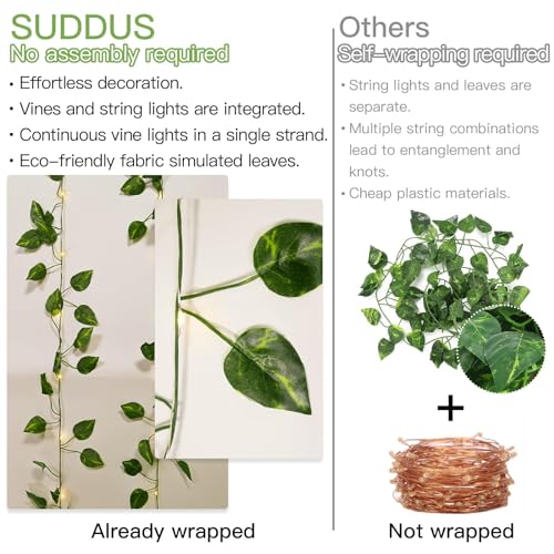 suddus Vine with Fairy Lights Battery Operated, 33ft100 LED Pothos String Lights with Remote, Leaf Lights for Bedroom, Room, Wall, Garden, Party, Wedding Dorm Decor(Warm White) - color: Pothos, size: 100 LED-Battery-Copper