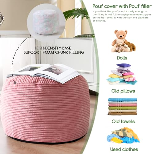 HIGOGOGO Round Stuffed Pouf Ottoman, Corduroy Poufs with Foam Chunk Filling, Furry and Fluffy Pouf Foot Stool Storage Ottoman, 20 X 15 Floor Poufs Foot Rest for Living Room, Pink - color: Pink, size: 20"D x 20"W x 15"H