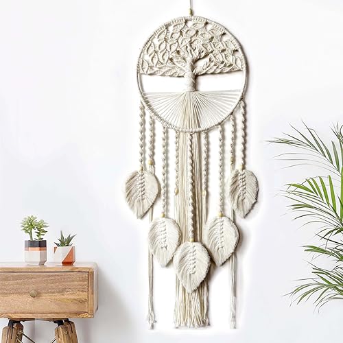 Large Tree of Life Dream Catchers, Macrame Wall Hanging Boho Handmade Woven Dream Catcher Macrame Wall Decor Art for Adults Boys Girls Bedroom Wedding Party Decor, Festival Blessing Gift（Light Beige）