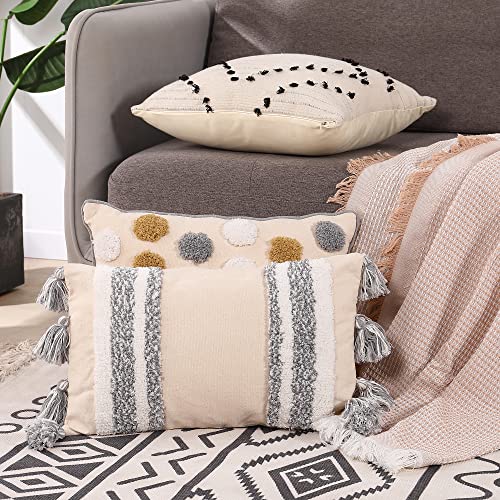 Boho Tufted Lumbar Throw Pillow Covers - Farmhouse Neutral Decorative Cushion Cover with Tassels - Rectangular Woven Pillow Covers for Couch Living Room Sofa (12X20 inch, Vertical Stripe)