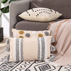 Boho Tufted Lumbar Throw Pillow Covers - Farmhouse Neutral Decorative Cushion Cover with Tassels - Rectangular Woven Pillow Covers for Couch Living Room Sofa (12X20 inch, Vertical Stripe)