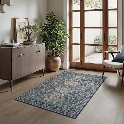 Bavni 3x5 Area Rug for Living Room Bedroom, Washable Boho Print Vintage Aesthetic Rug, Ultra-Thin Low Pile Rugs for Entryway Playroom with Non Slip Backing, Blue - color: Blue, size: 3' x 5' (Rectangular)