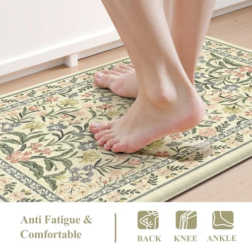 Collive Kitchen Mats for Floor 2PCS, Cushioned Anti Fatigue Rugs Non Slip Waterproof Kitchen Sink Mat, Floral Comfort Standing Mat for Bar, Office, Desk, Home Decor, Beige 20" x 47" + 20" x 32" - color: Beige, size: 20"x32"+20"x47"