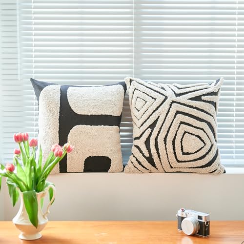Retro Random Embroidery Stripe Throw Pillow Cover，Black White Boho Abstract Tufted Decorative Pillow Case，Neutral Aesthetic Modern Woven Sham for Bed Couch Living Room, 18x18 inches,1PCs - color: Black-a