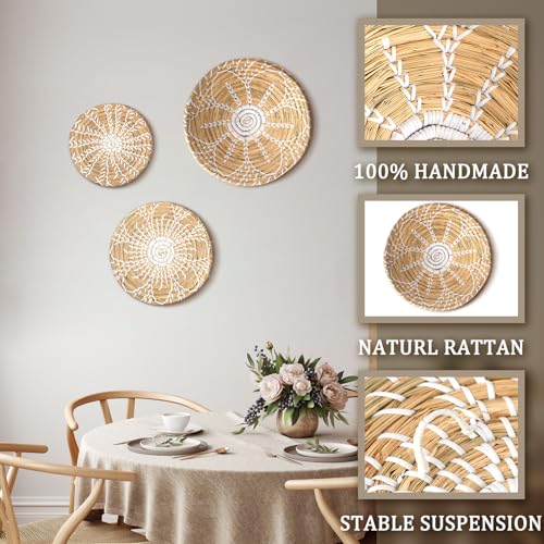 Glenmal 3 Pcs Boho Wall Basket Decor Decorative Bulrush Woven Basket Wall Decor Art Farmhouse Handmade Hanging Baskets with African Design for Living Room Display Table Settings Kitchen Home(Bright) - style: Bright