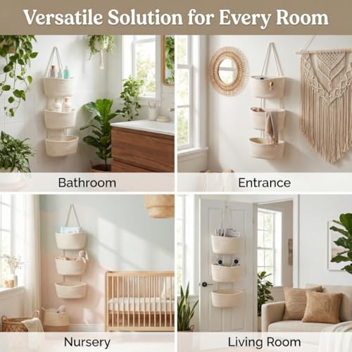 Hanging Wall Basket, Over the Door Hanging Basket with Hooks for Storage, Organizing, Decorative Boho Decor for Nursery, Bedroom, Living Room with 4 Hooks, Whte - color: White