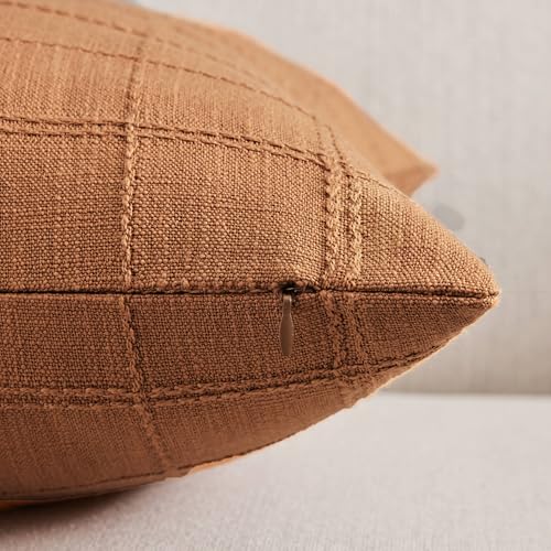 ZeeMart Linen Checked Throw Pillow Covers Set of 2, 22x22 Inch Allover Grid Caramel, Farmhouse Decorative Double Sided Grid Embroidered Couch Pillow Cases Burnt Orange Cotton Linen Cushion Covers ﻿ - color: Allover Grid Caramel, size: 22" x 22" (Pack of 2