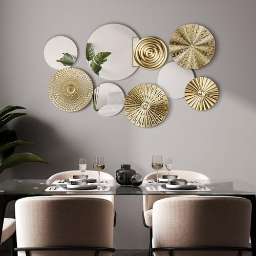 Blulu 9 Pcs Gold Mirror Wall Decor Metal Round Home Art Decor Decorative Modern Circle Mirror Wall Art Sculpture Hanging Decorations for Home Living Room Office - color: Gold