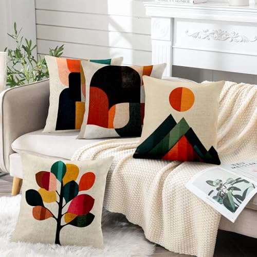 BVBOX Set of 4 Linen Throw Pillow Covers 18"x18", Soft Flax Mid-Century Modern Abstract Decorative Pillow Cases, Double-Sided Retro Geometric Pillow Covers for Bed, Sofa, Couch, Living Room, Bedroom - color: Colorful Geometry