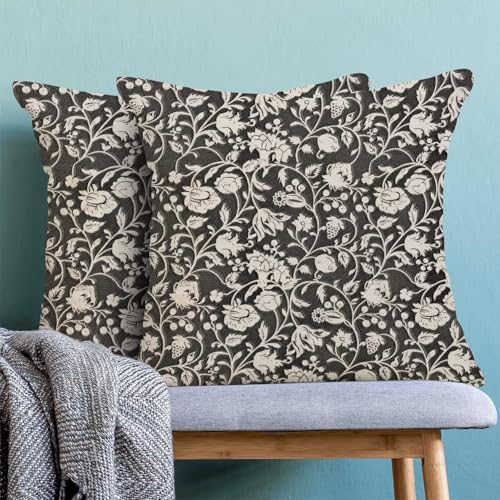 Floral Throw Pillow Covers 16x16 Set of 2, Flower Print Linen Decorative Pillow Covers Neutral Vintage Decoration Outdoor Cushion Cover Black Floral Pillowcase for Sofa Couch Farmhouse Room - color: Print Black, size: 16" x 16" (Pack of 2)