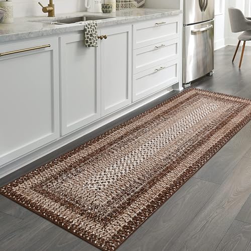 RUGSREAL Runner Rug 2x8 Machine Washable Hallway Runner Rug Entryway Long Runner Carpet Braided Printed Throw Mat Non Slip Kitchen Mat Living Room Rustic Carpet for Bedroom Dining Room, Brown - color: Brown, size: 2' x 8' (Runner)